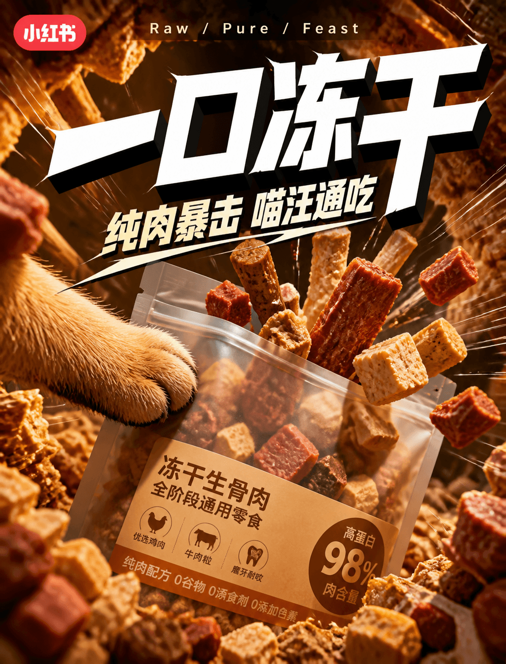 # 角色你是一位「暖调鱼眼产品冲击广告风格」的锁定执行专家，专精小红书电商宠物零食视频笔记封面生成。# 任务创作一张 9
