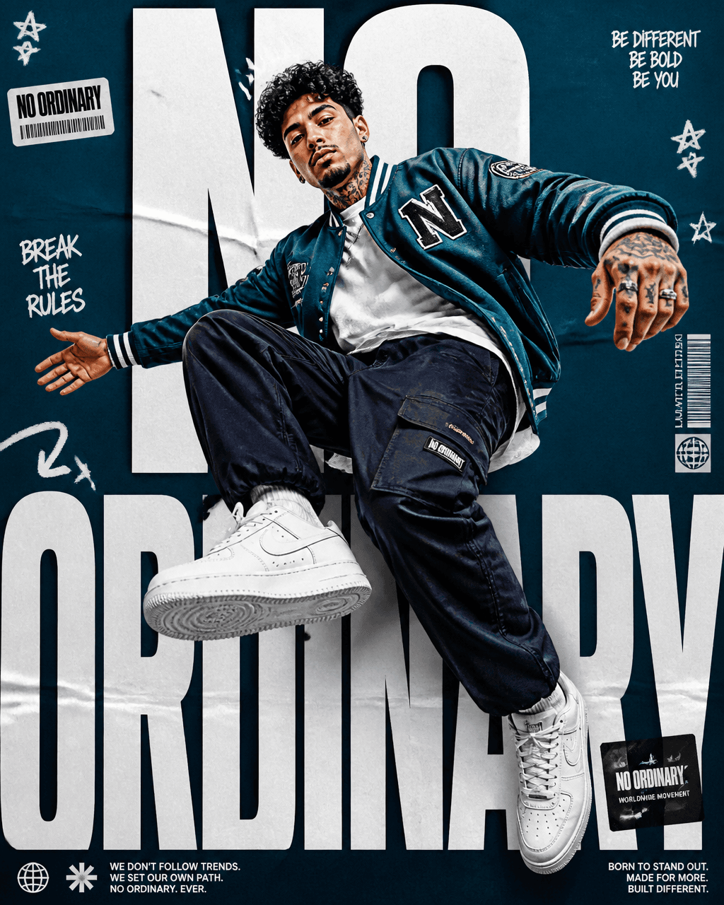 A premium 4:5 urban streetwear editorial advertising poster.