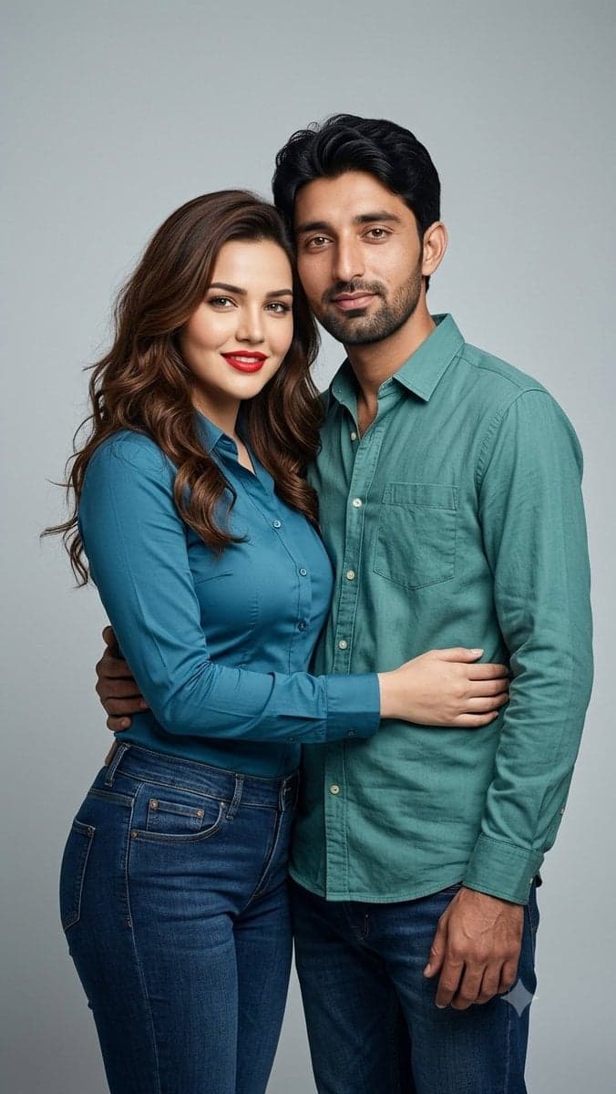 A stylish young couple posing together in a professional stu