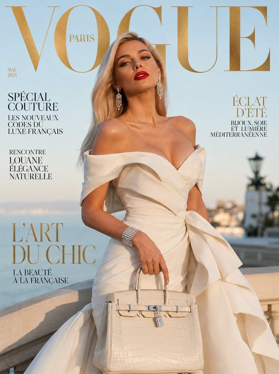 Ultra-realistic luxury fashion magazine cover featuring an e