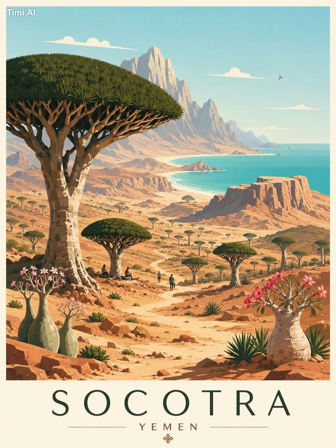 Create a premium editorial travel poster illustration of Soc