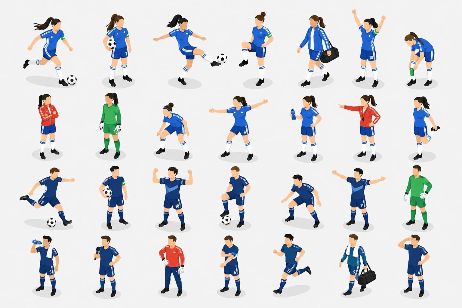 An isometric-style character pose sheet featuring multiple f