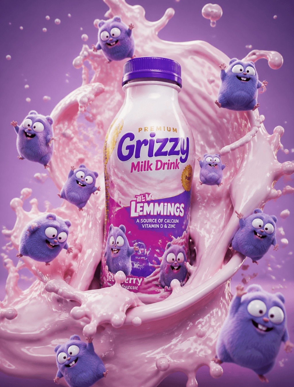 Premium grizzy milk drink bottle surrounded by swirling "the