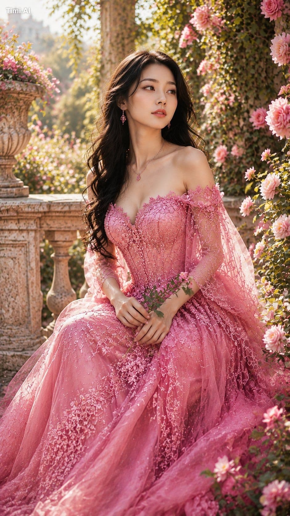 Create a 9:16 ultra-realistic romantic palace garden portrai