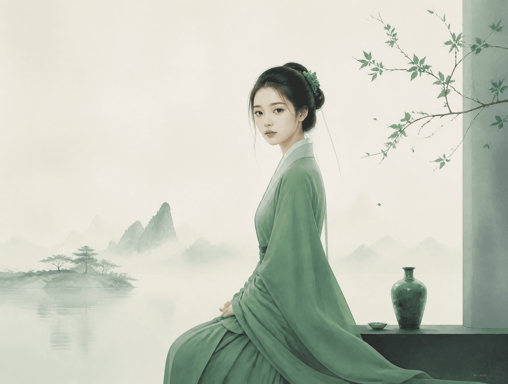 极简东方禅意半写实插画,主体为一位面庞精美的东方女性,青绿颜色体系,较强饱和对比,画面空灵静谧,大面积留白,带轻雾感、静