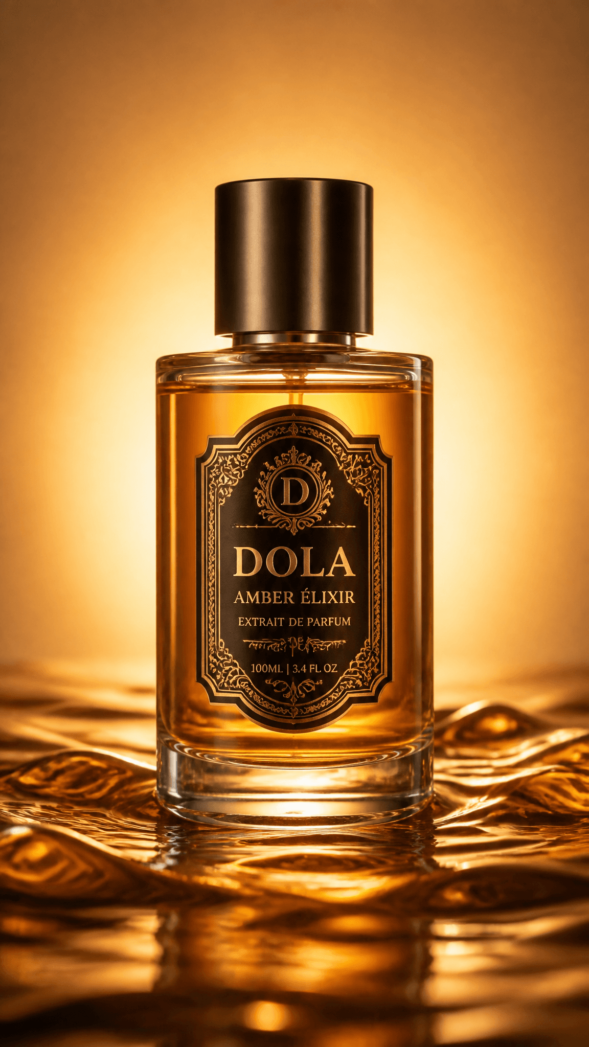 A cylindrical glass perfume bottle sits centered on a bed of