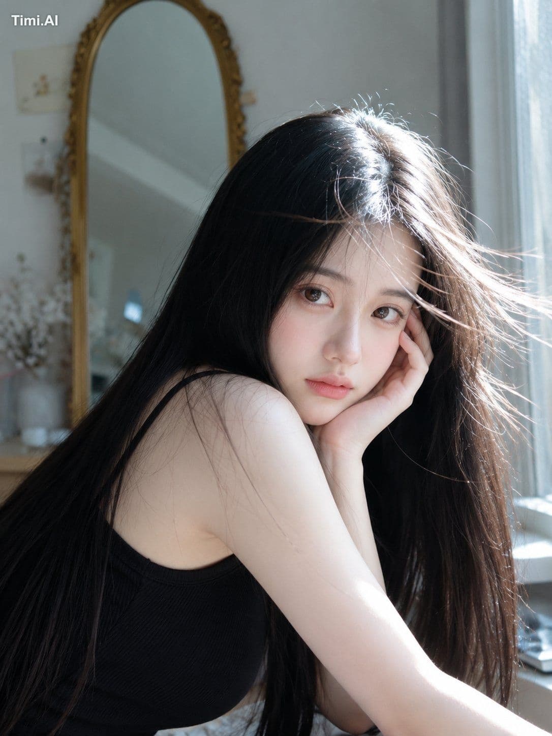 A beautiful young East Asian woman with long, straight, silk