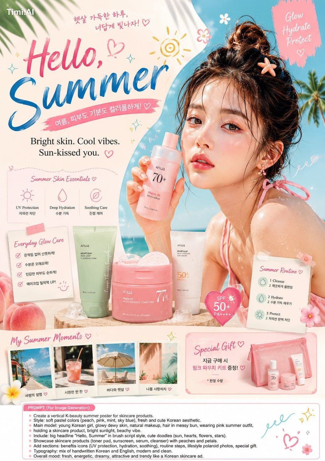 Design a trendy K-beauty summer skincare advertisement poste