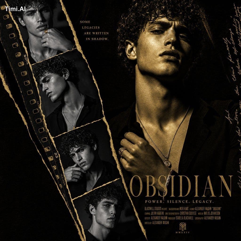 Design a high-end cinematic collage poster using torn diagon