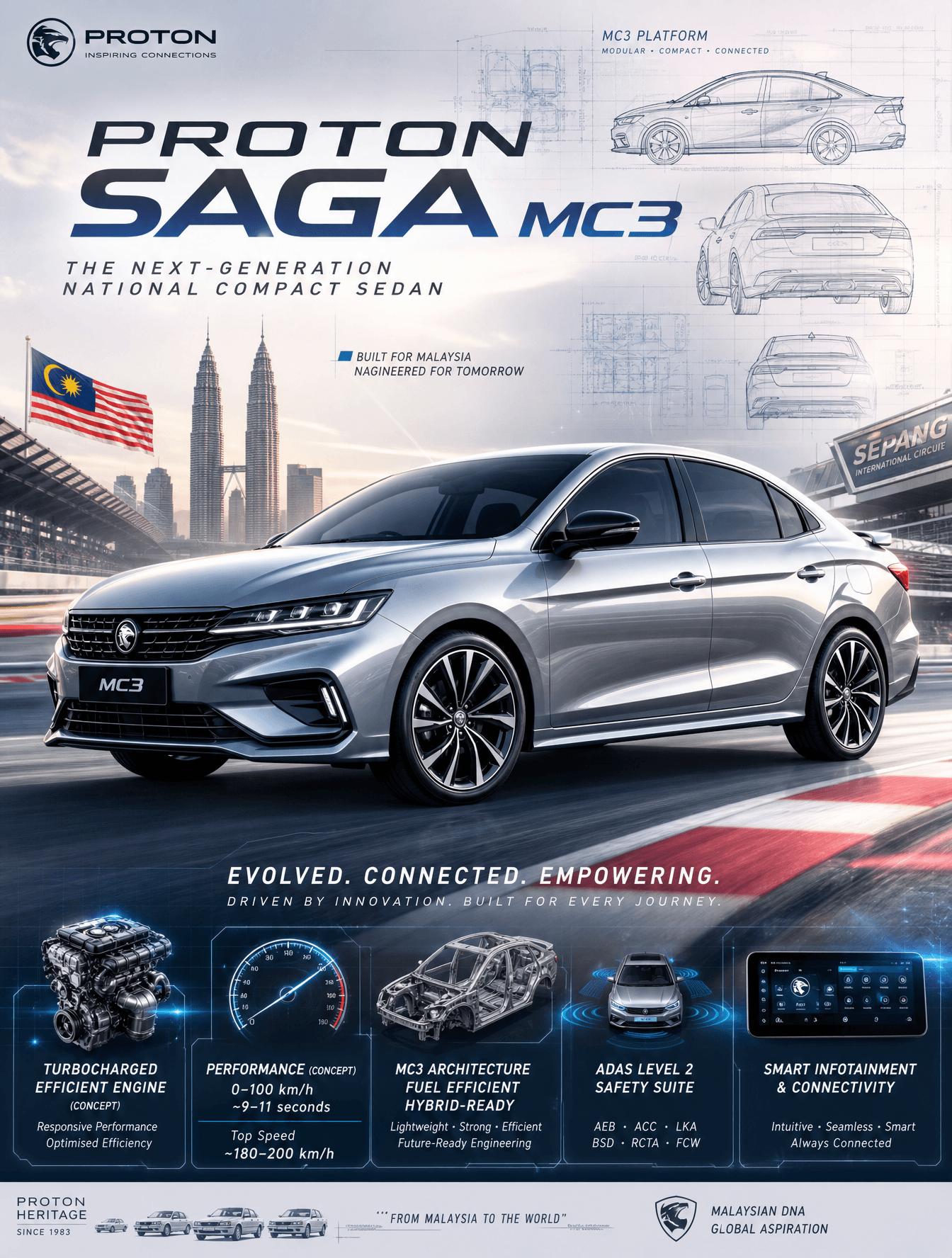 Create an epic premium automotive poster of Proton Saga MC3