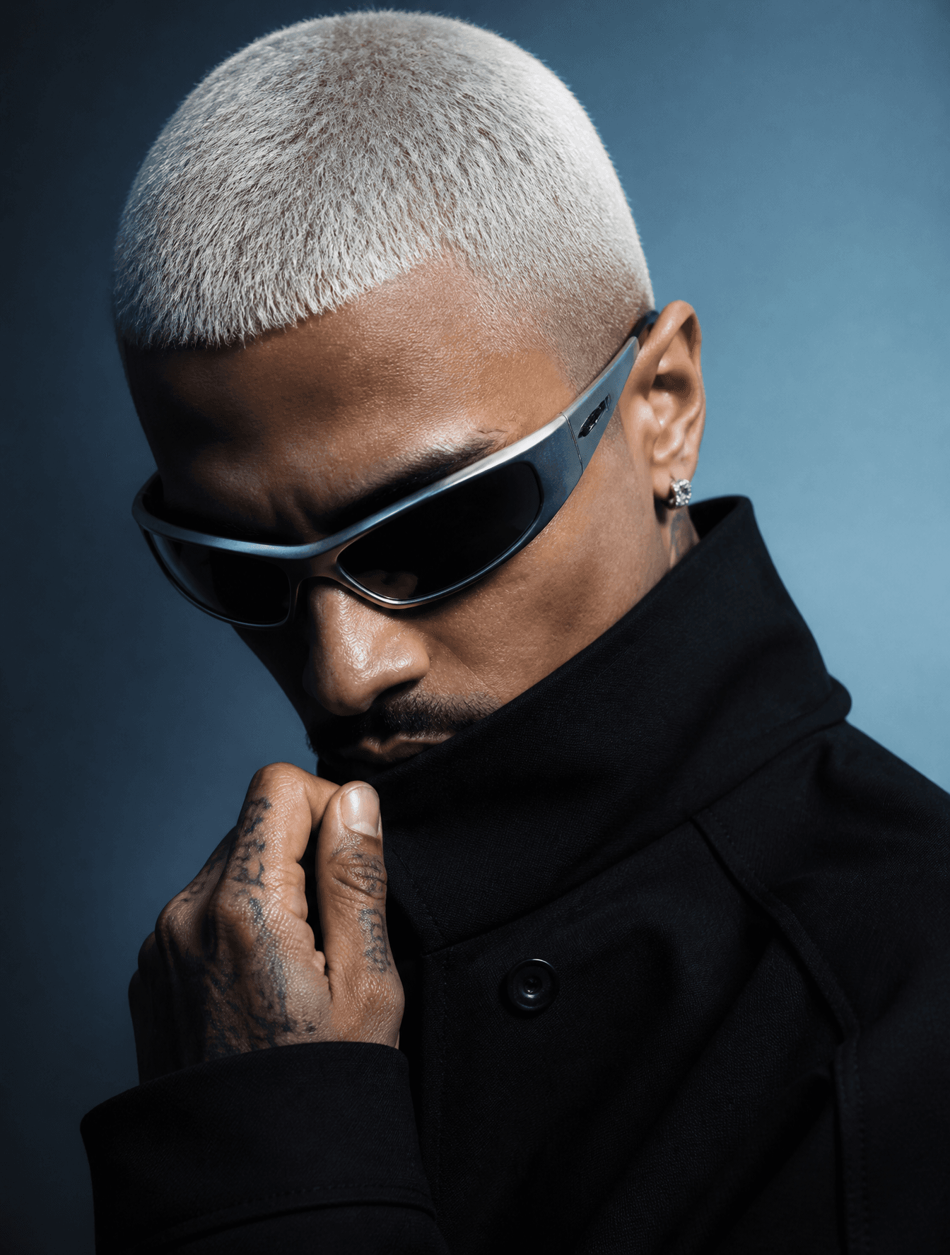 A realistic photograph of a man posed in a high-fashion edit