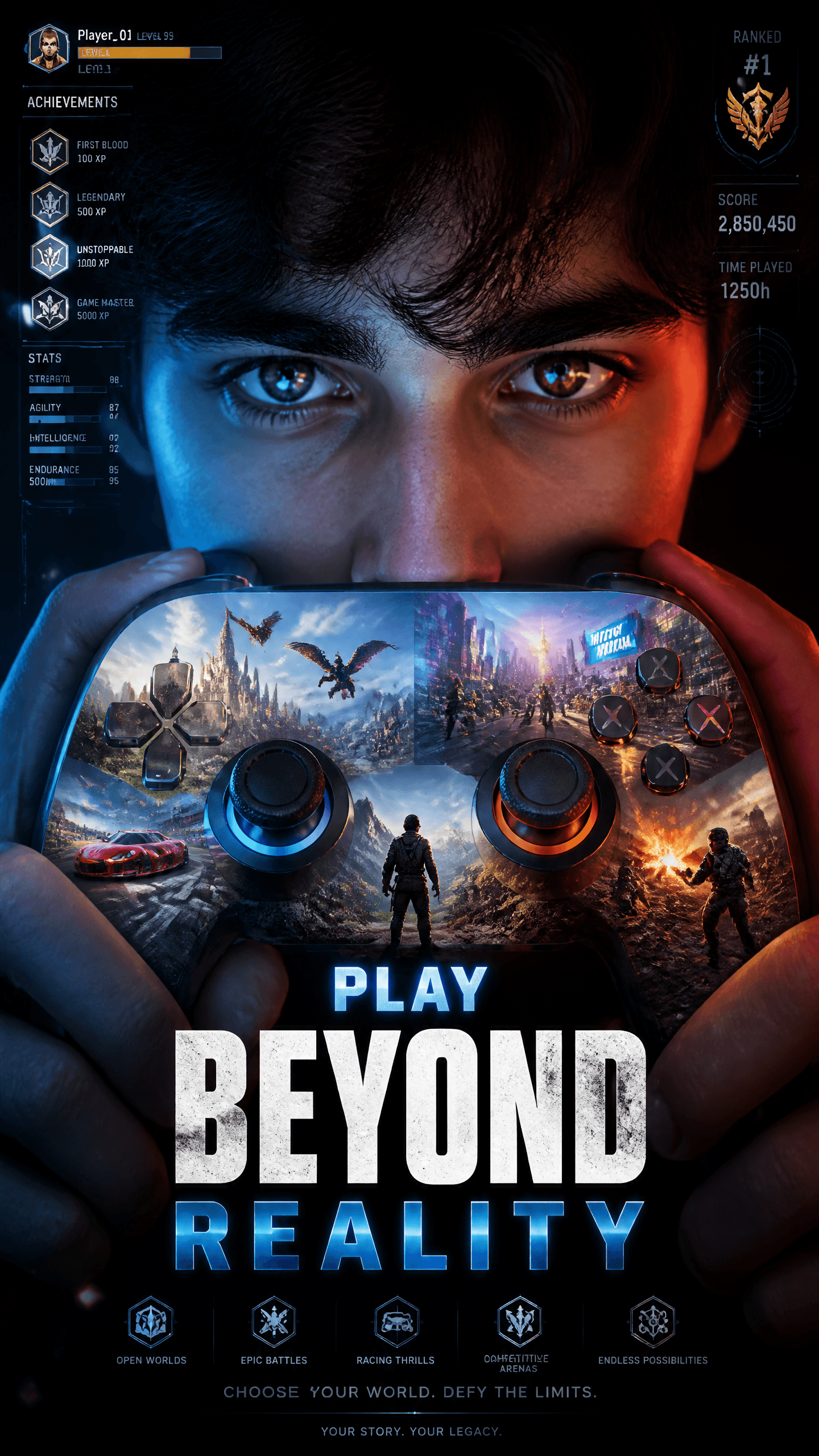 A premium 9:16 gaming advertising poster.Main Subject:An ult