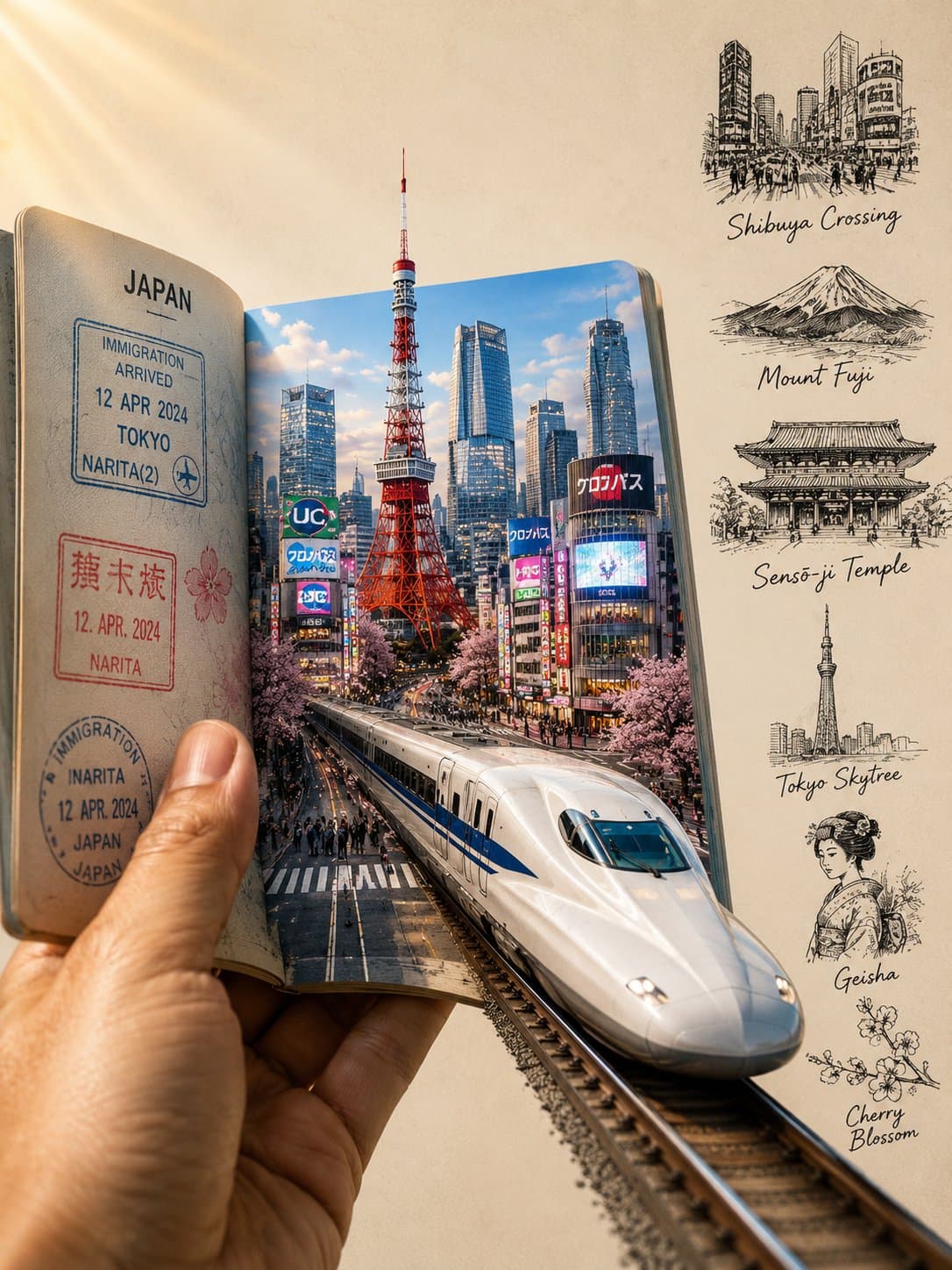 Ultra-realistic, cinematic travel-themed conceptual artwork 