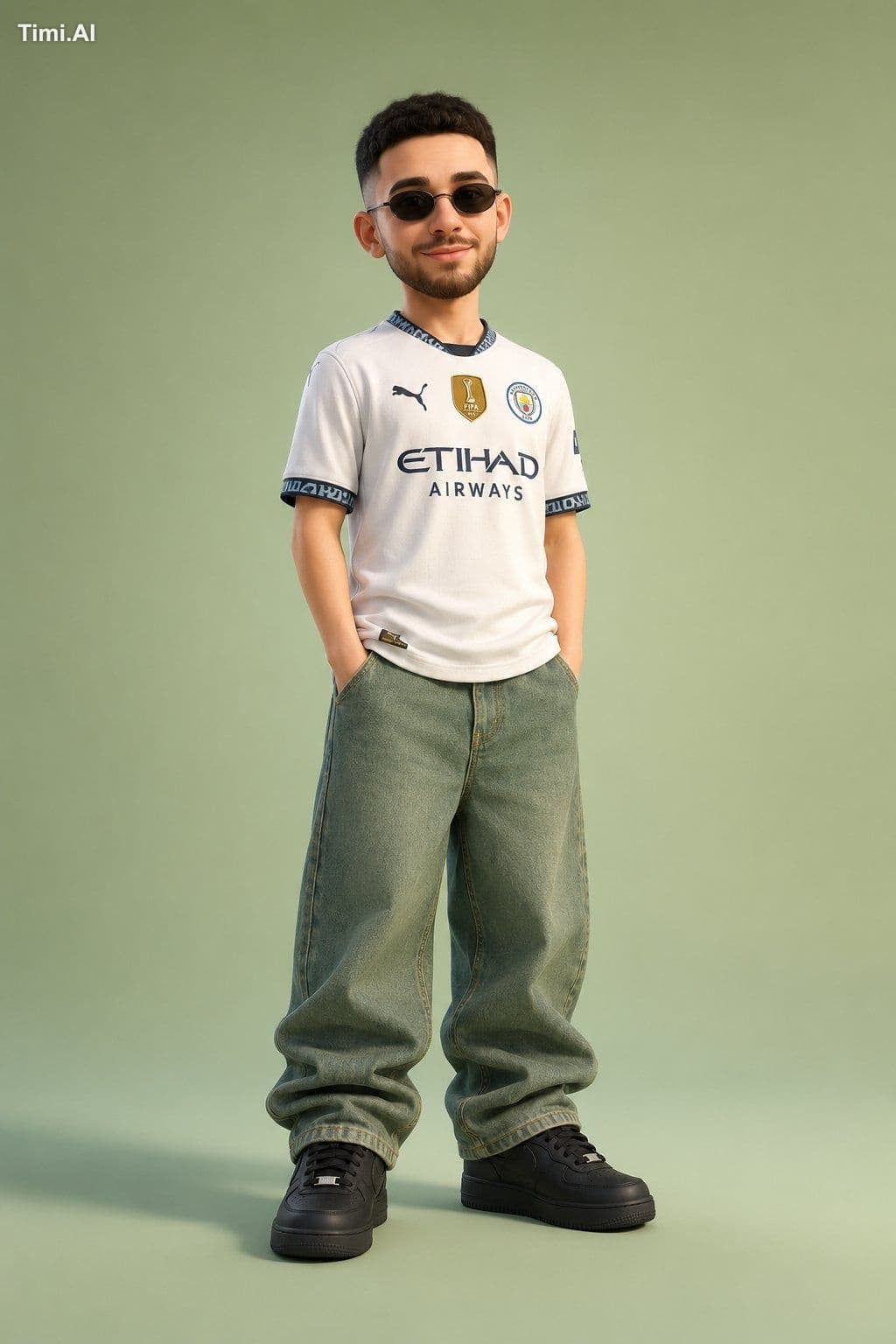 Create a full-body stylized 3D cartoon character with a larg