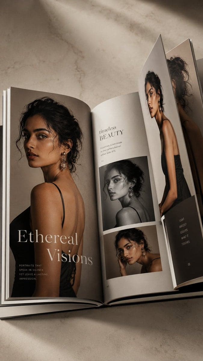 Luxury photorealistic coffee table book, open to two pages, 