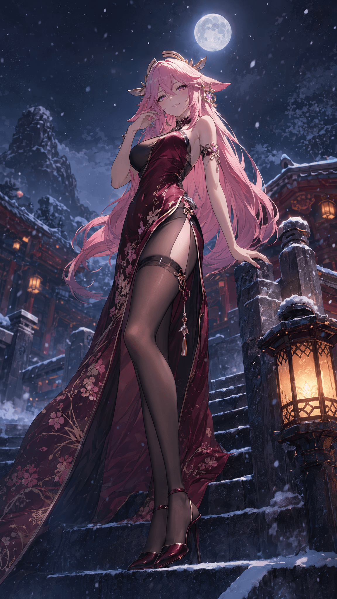 ### 八重神子｜雪夜石阶高开衩礼服用途：手机壁纸 / image2 参考图工作流正向提示词：请使用输入参考图作为角色身