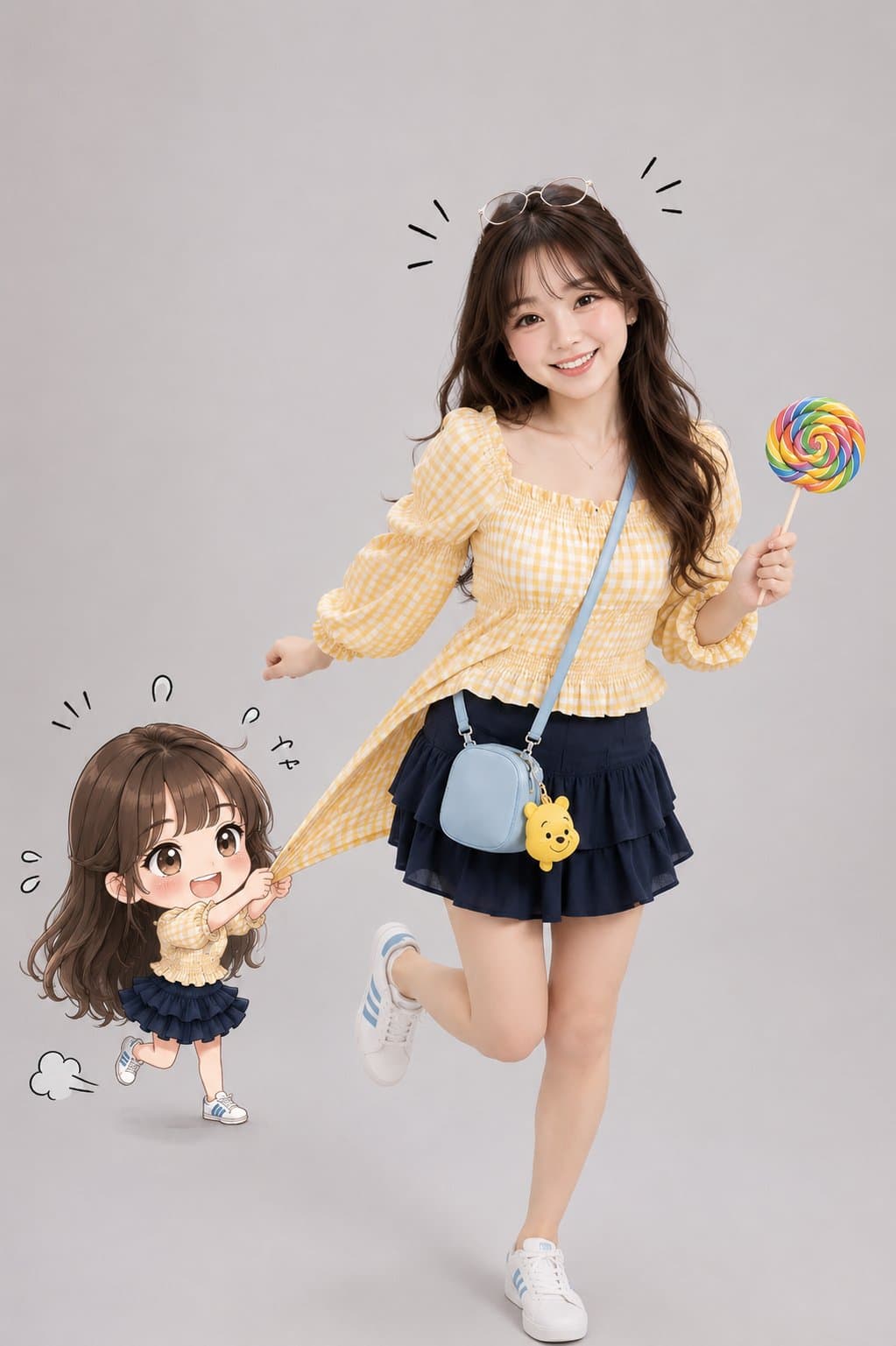 A full-body professional studio portrait of a cheerful young
