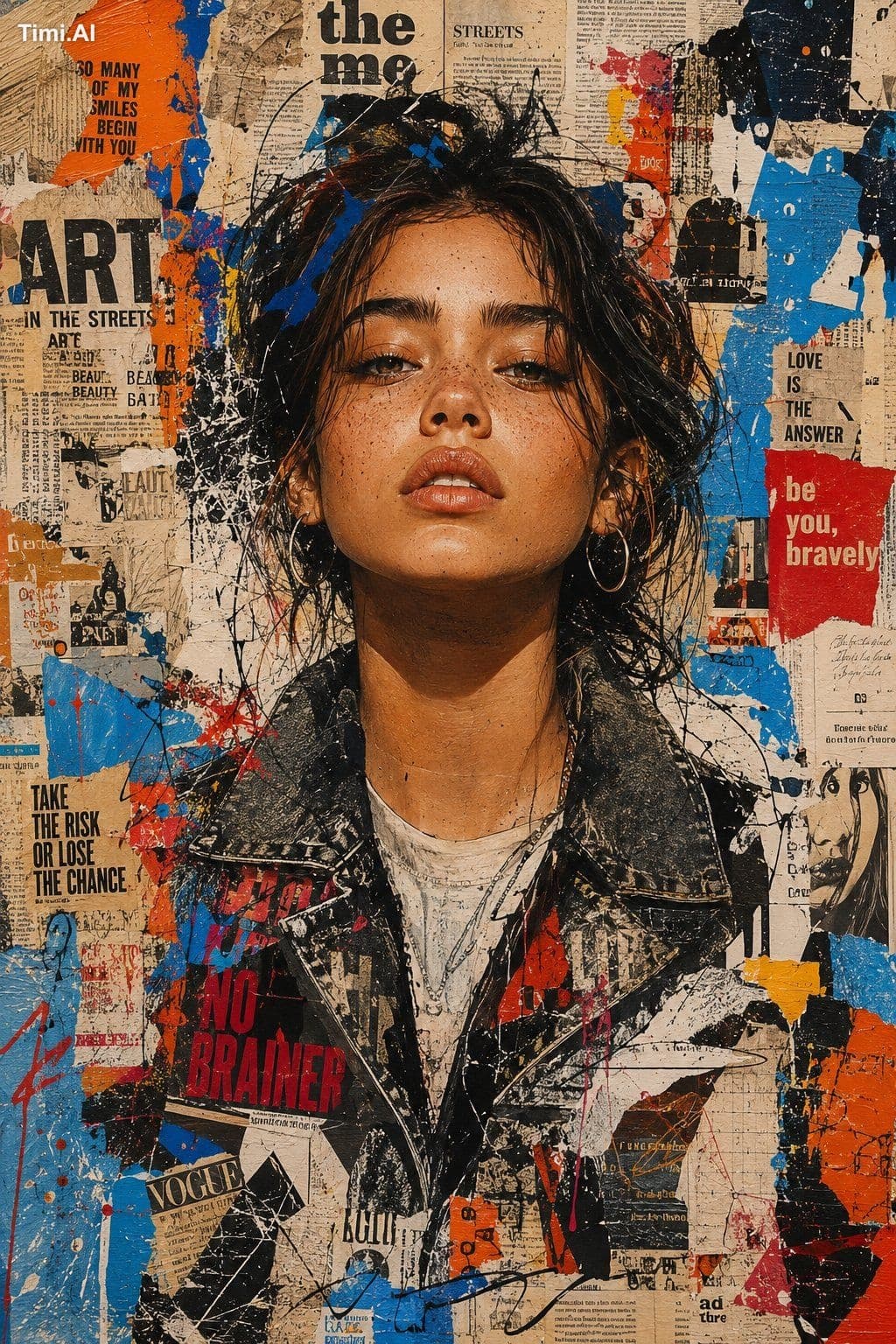 Ultra-detailed mixed-media urban portrait of a stylish young