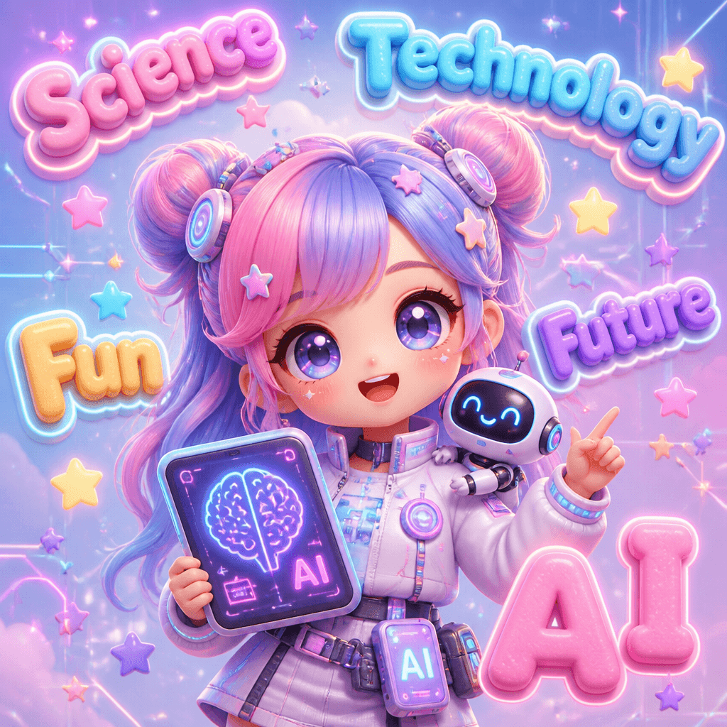 Cute 3D kawaii technophile girl mascot, chibi style, big spa