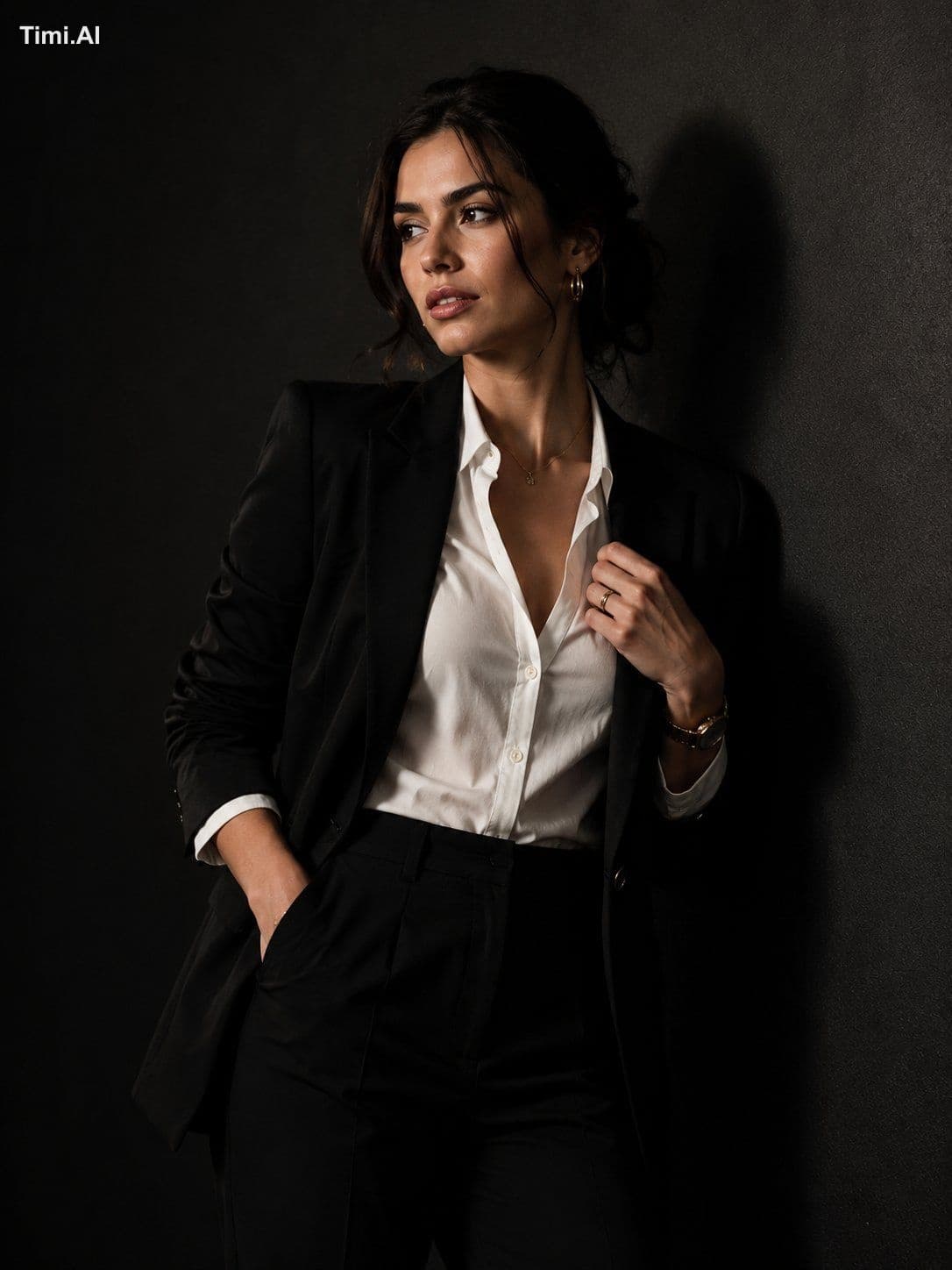 A sophisticated young woman with olive-toned flawless skin, 