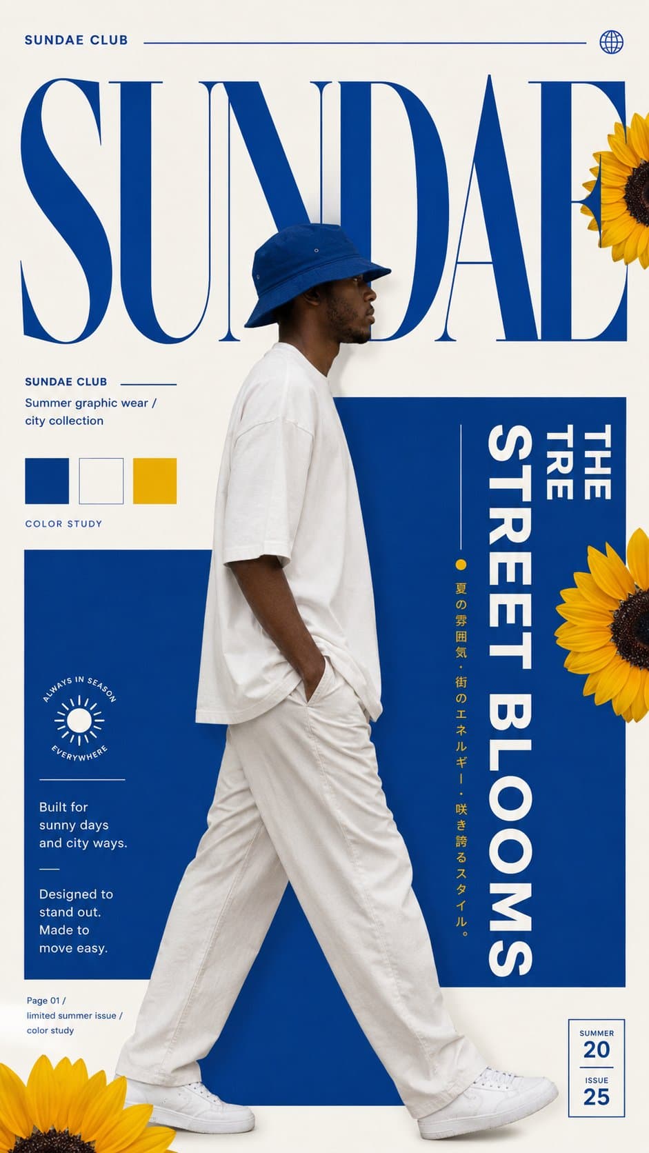 Create a high-end graphic fashion poster with strong color,
