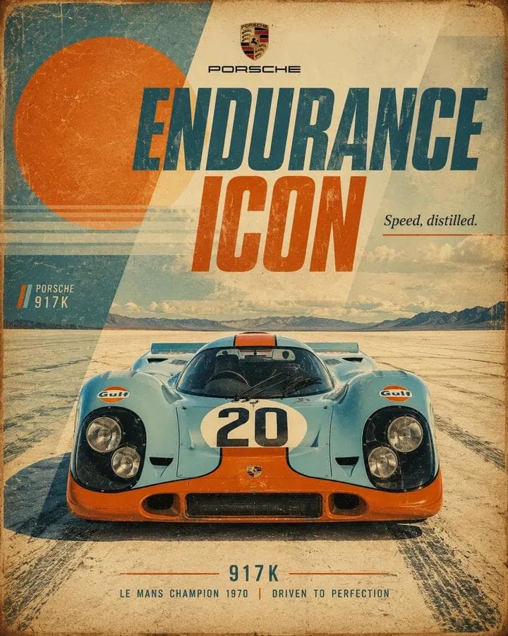 Retro motorsport poster for [CAR], 4:5 vertical. Show a fron