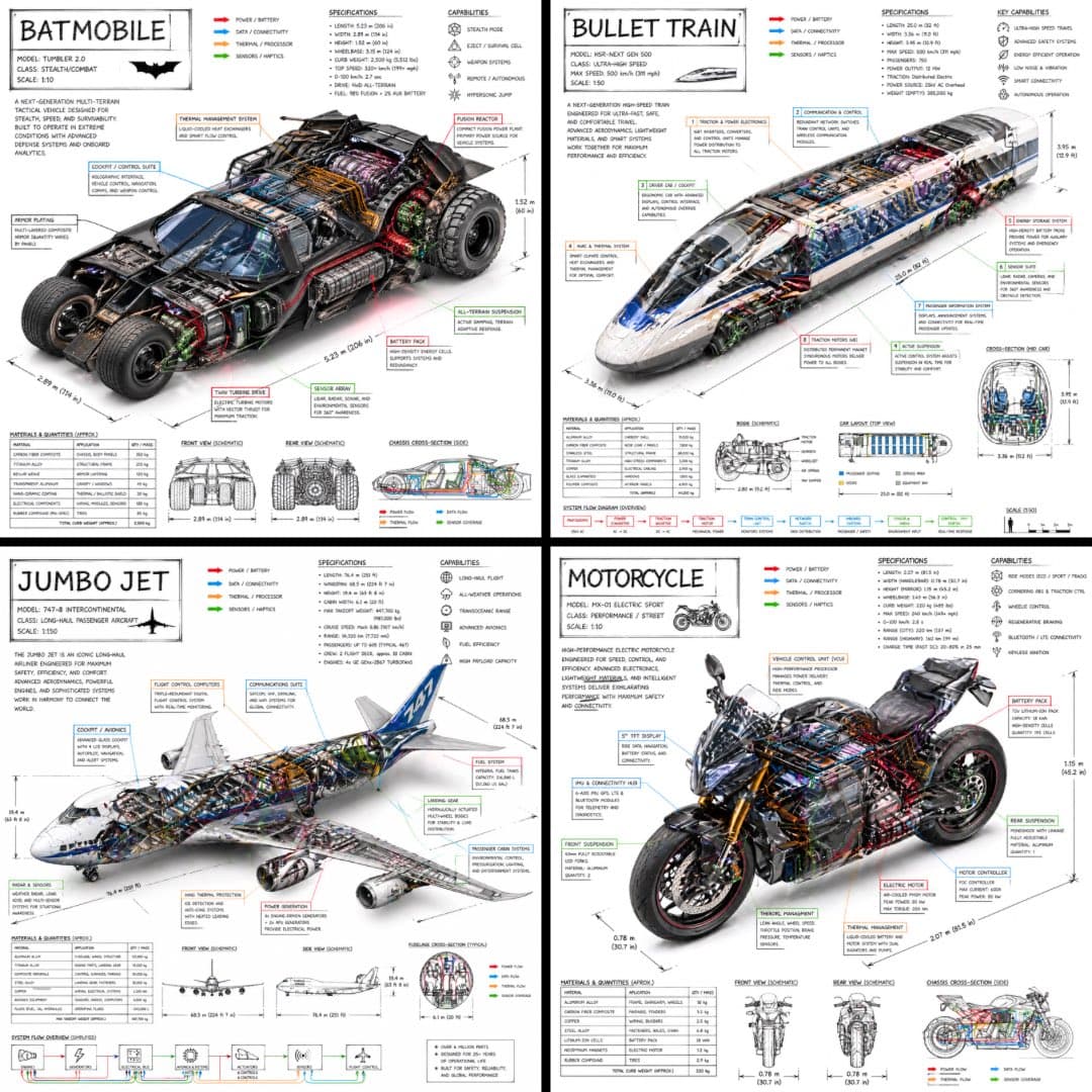 Create a technical infographic of [VEHICLE] with a 45-degree