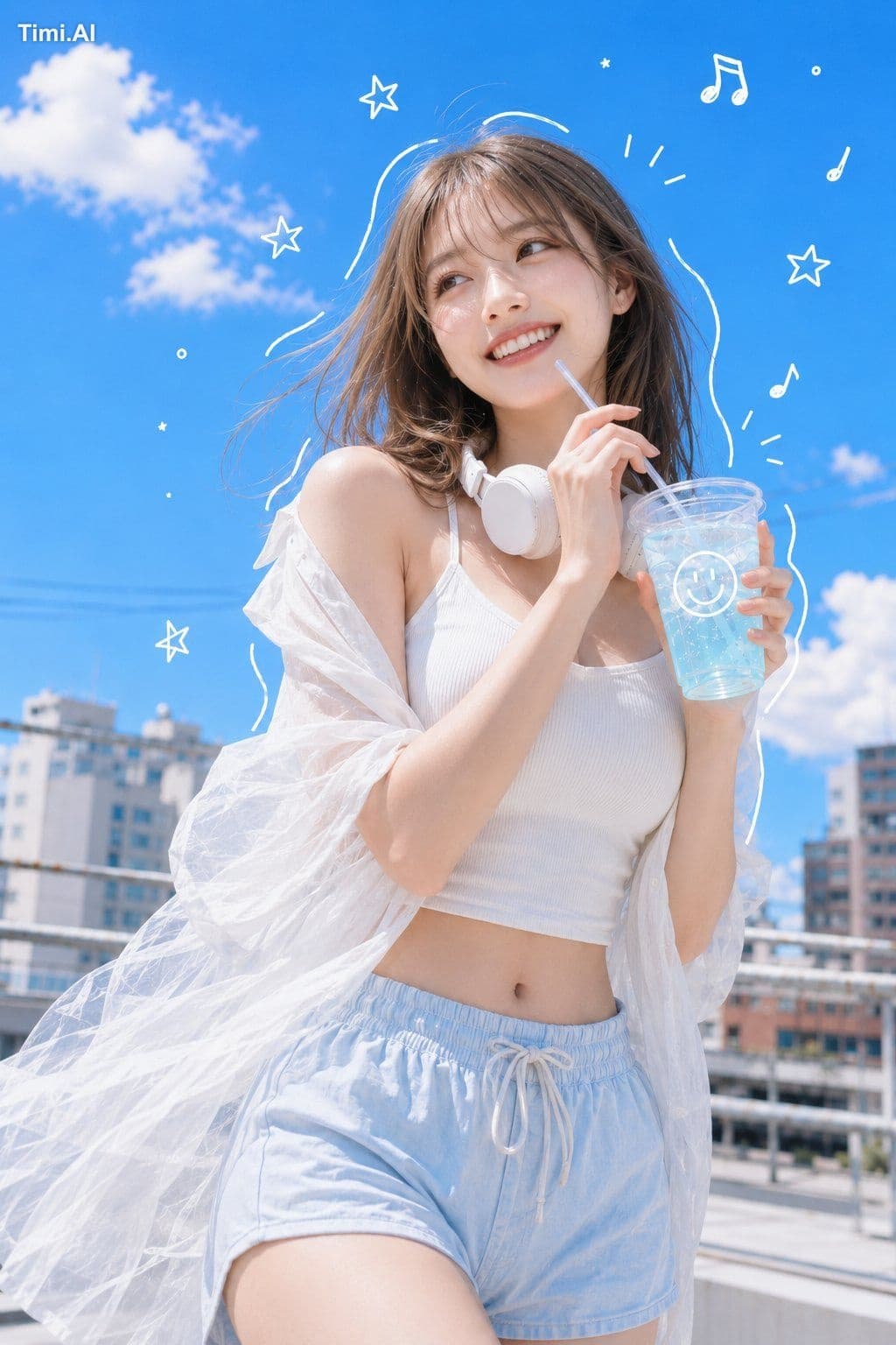 真夏の都市型ビル屋上で、ラムネソーダを手に笑う20代の女性。縦長2:3の画面中央やや右に立ち、頭から太もも上部までを大き