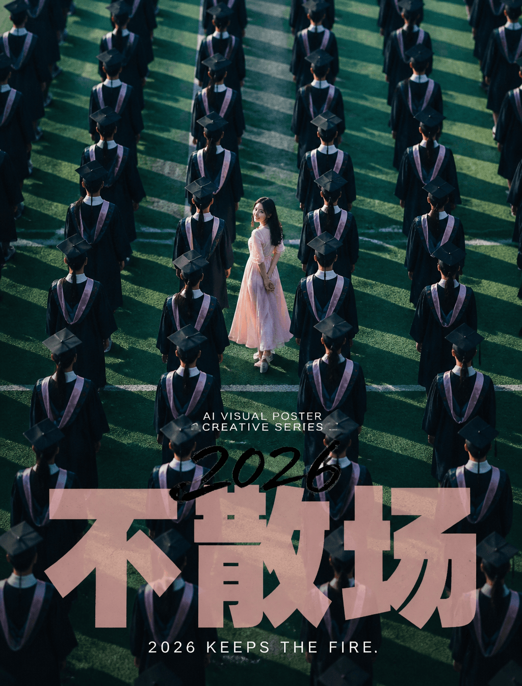 生成一张竖版 3:4 的成品概念海报。画面采用高角度俯视构图，主体是大量重复出现的穿藏青色学士服的毕业生，他们整齐排列在
