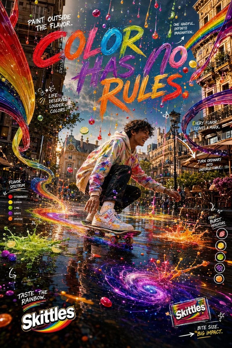 Create an ultra-premium global Skittles campaign titled:
PA