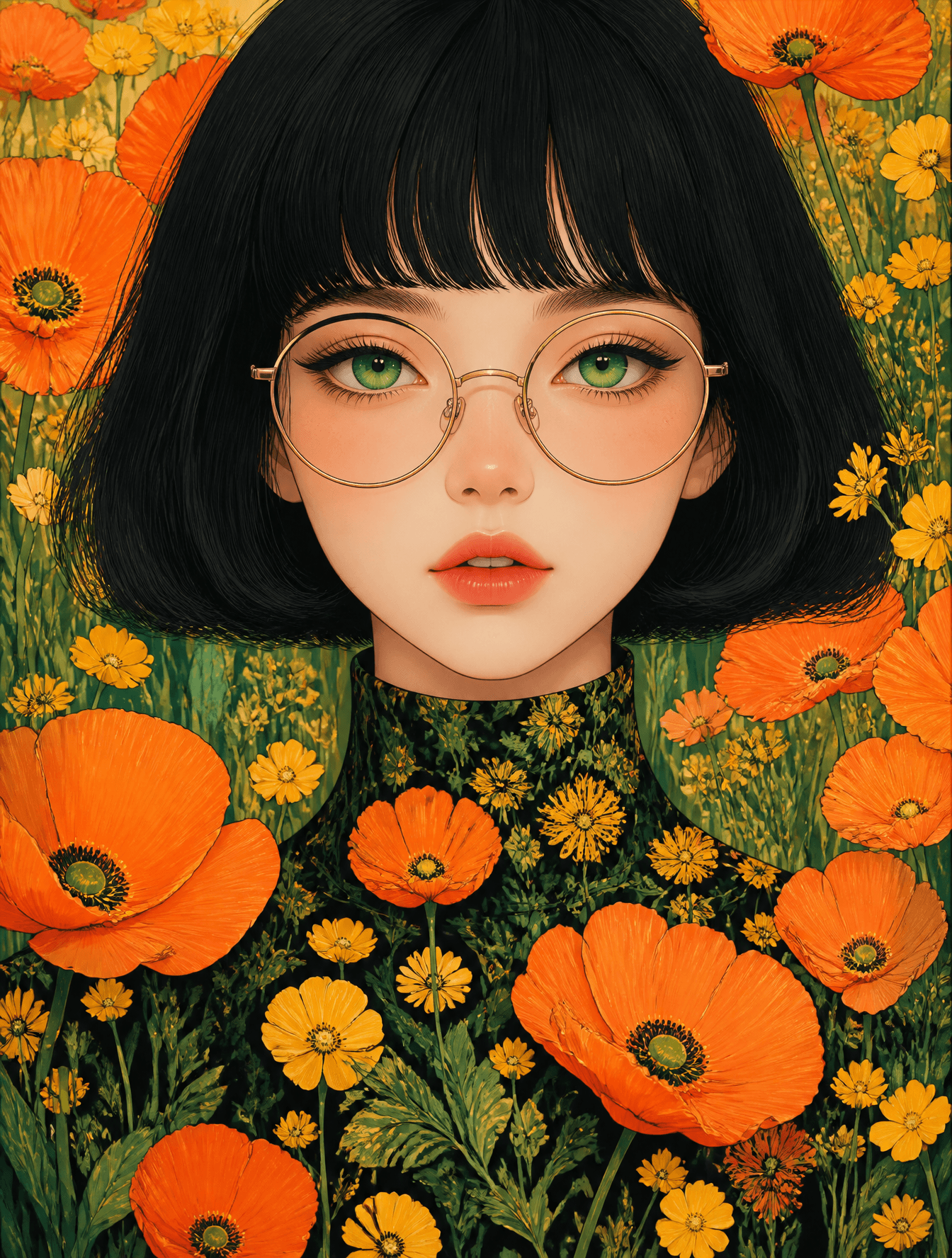 A stylized portrait of a young woman with a sleek, blunt-cut