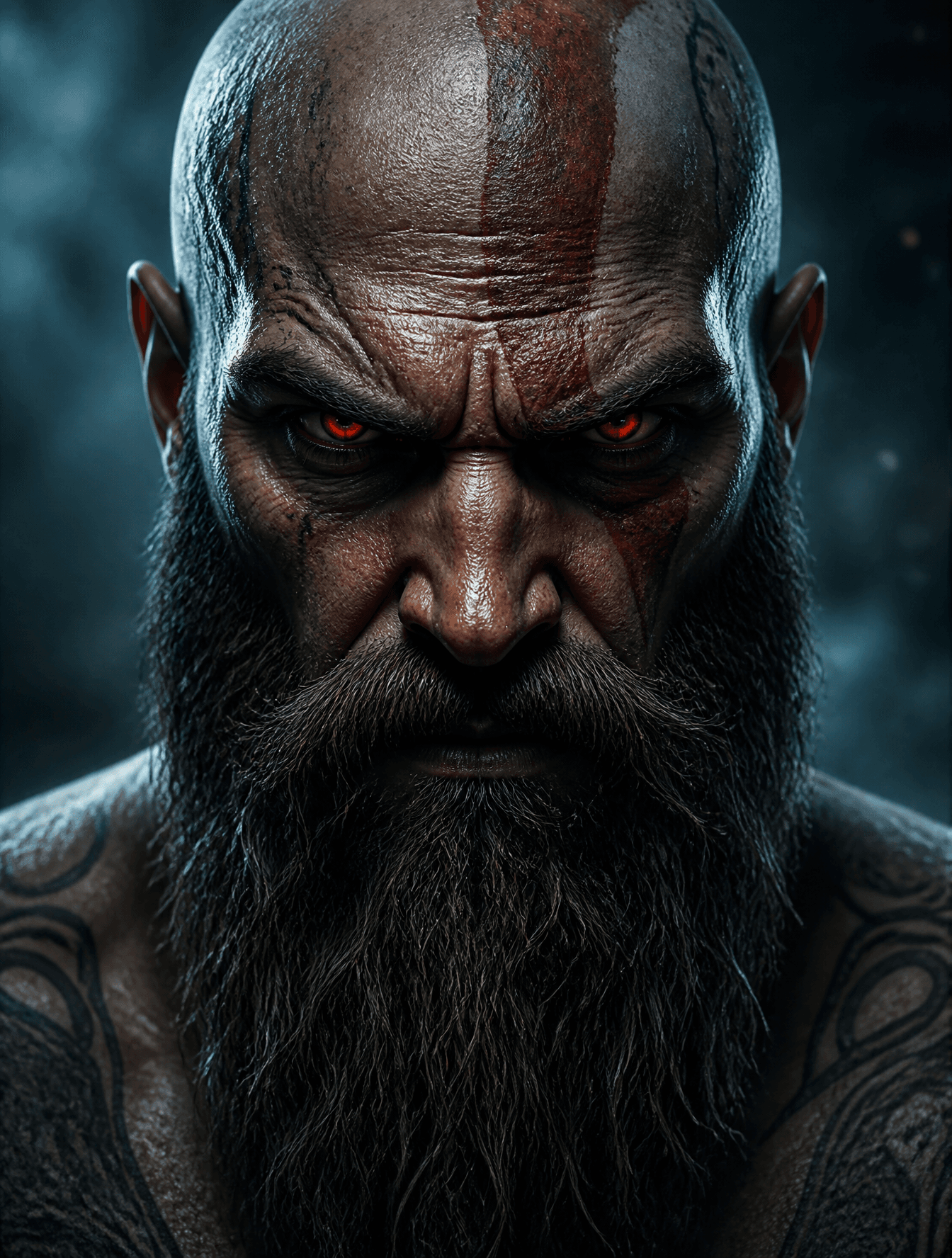 A rugged, bald warrior with a thick, textured beard dominate