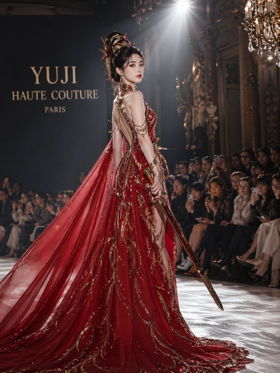 虞姬试穿高定礼服，红色拖尾长裙佩剑，巴黎秀场聚光灯下