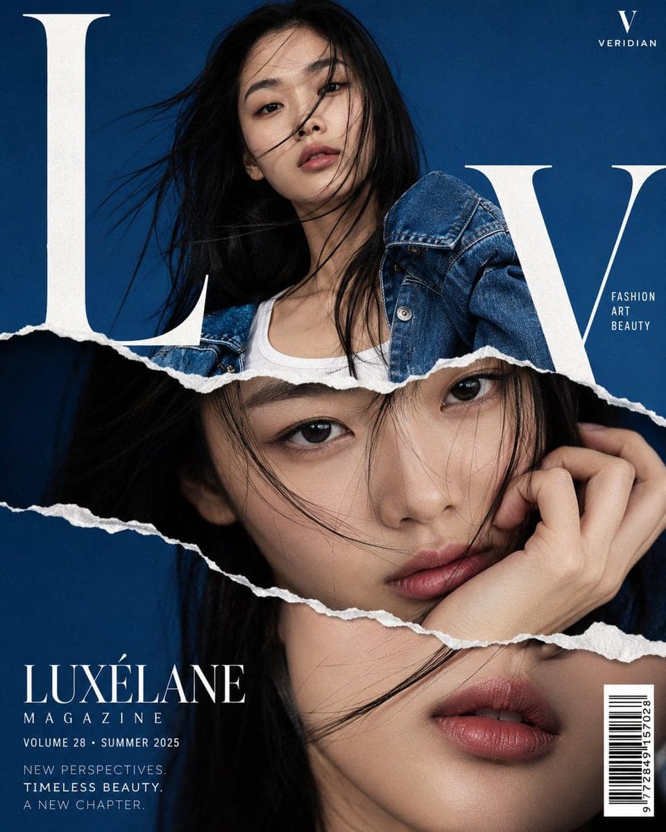 High-fashion magazine cover design, torn-paper collage effec