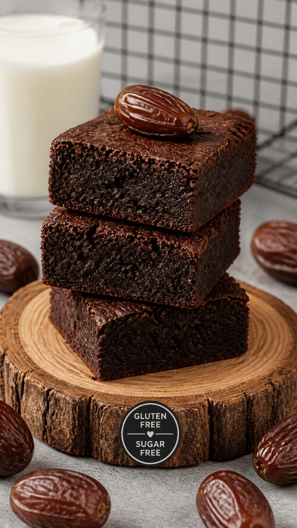 A stack of dense, dark chocolate brownies sits centered on a