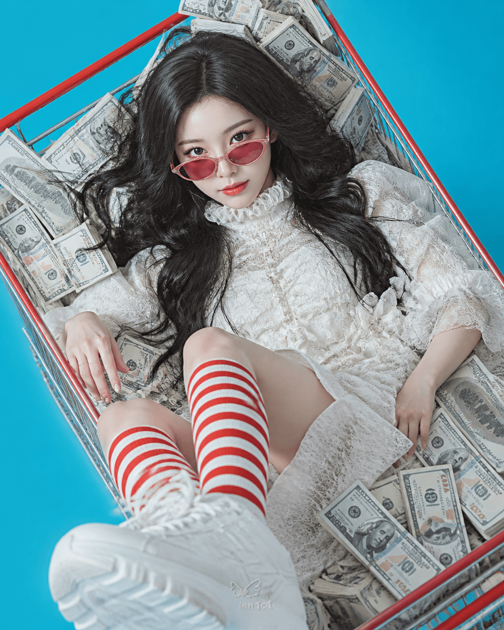 High-angle portrait of a young woman lying inside a red and
