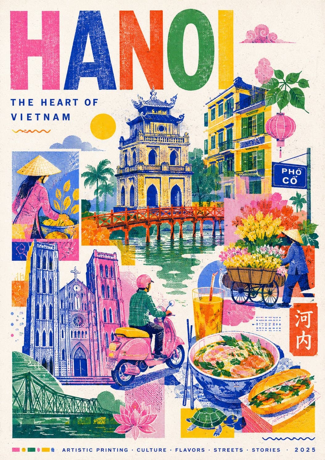 Create a stylish modern travel poster inspired by risography