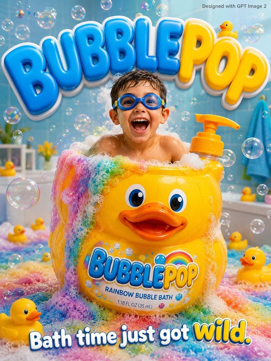 A fun bubbly kids advertisement poster. An excited young boy