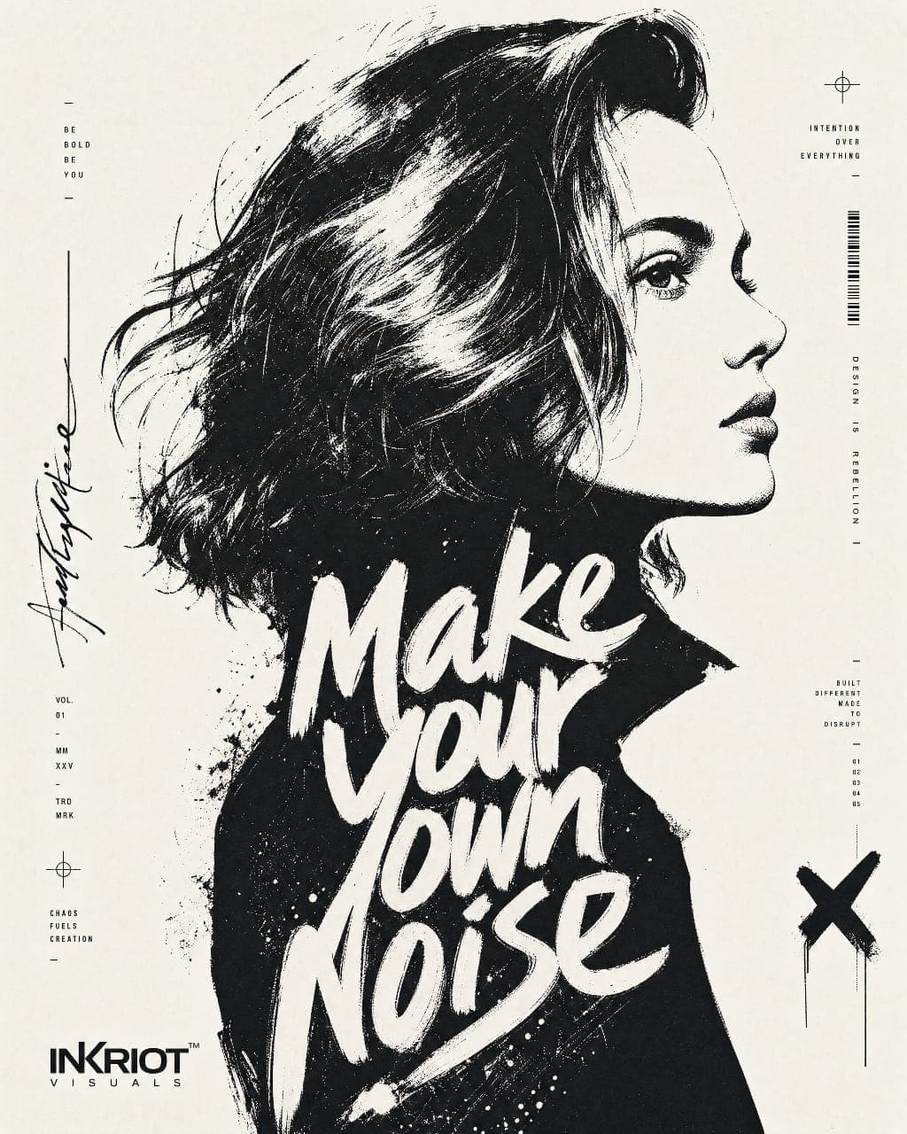 High-contrast black and white typographic portrait poster of