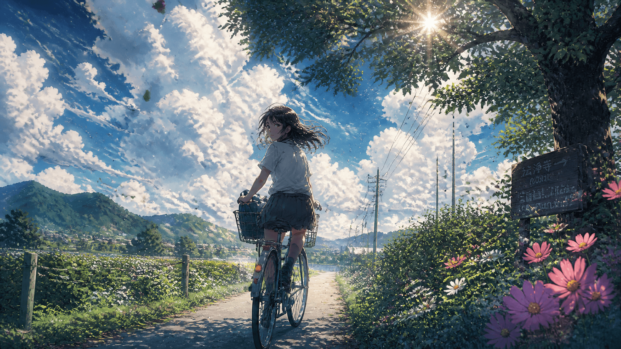 A teenage girl riding an old bicycle along a narrow countrys