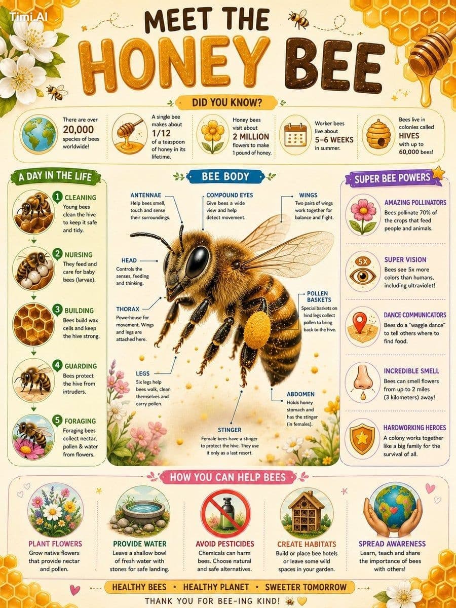 Educational infographic poster titled "MEET THE HONEY BEE".
