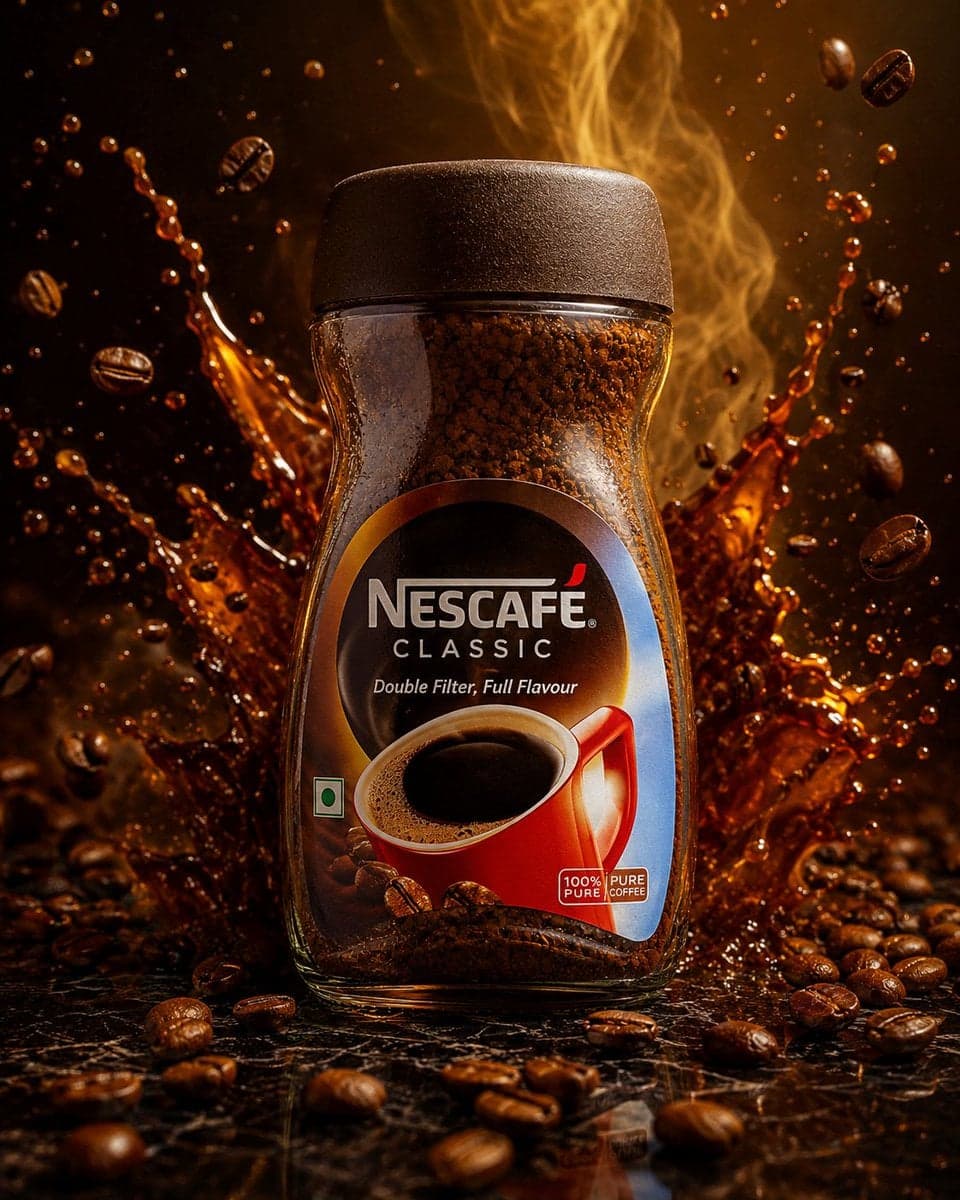 Ultra premium Nescafé coffee jar standing on a polished blac