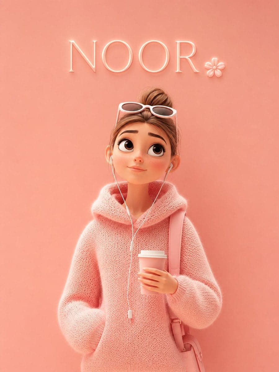 A cute Pixar-style 3D cartoon girl standing against a soft p