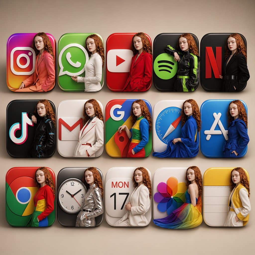 Ultra-realistic 3D mobile app icon collection arranged in a 
