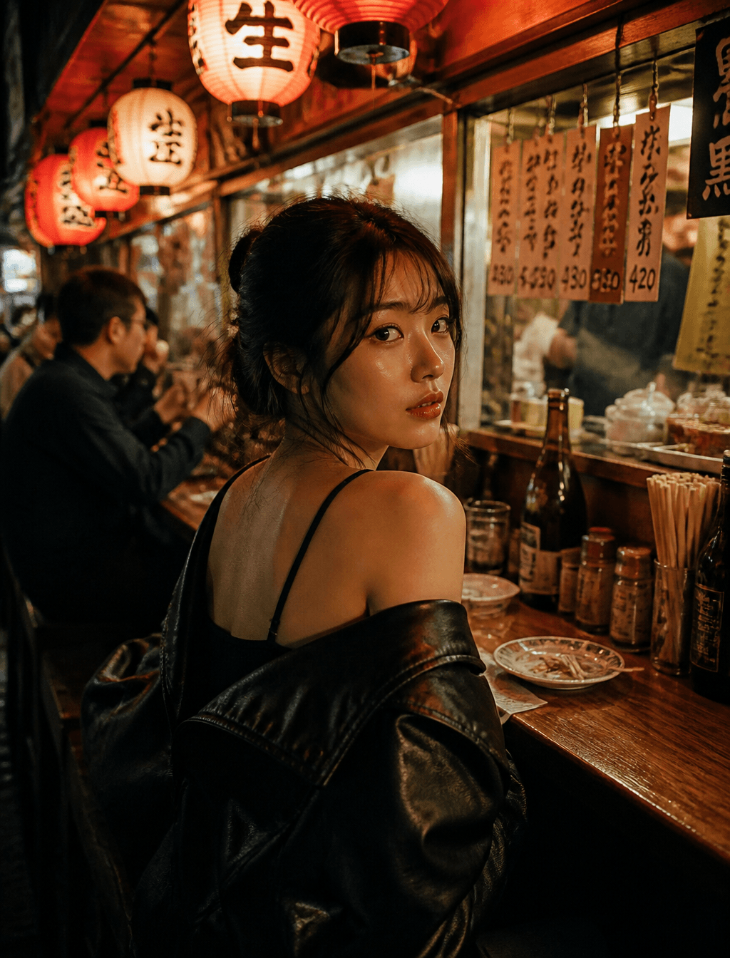 Prompt :A young "East Asian woman" with dark hair styled in