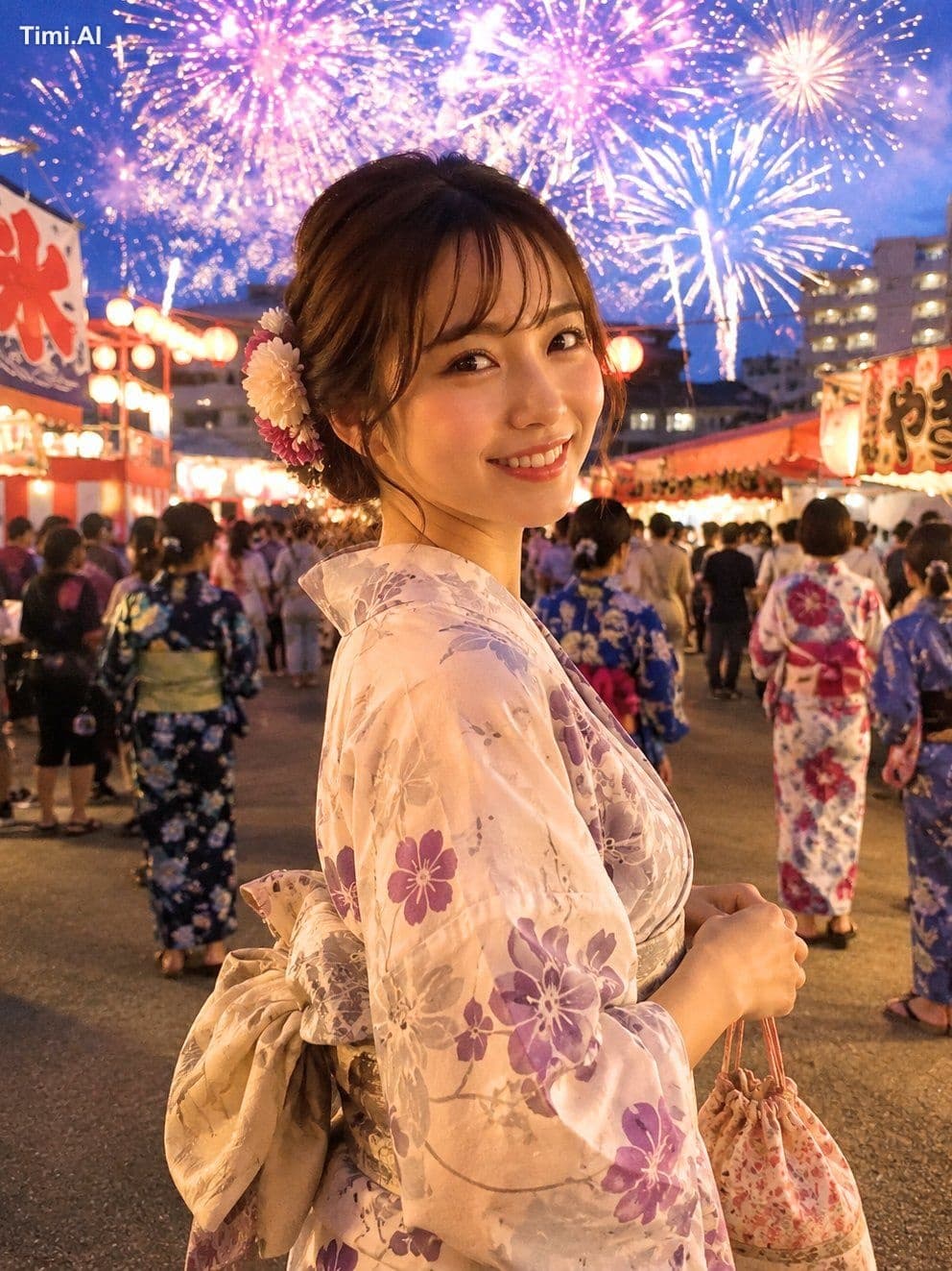 【2枚目画像のプロンプト】
縦長3:4スマホ写真風。日本の夏祭り・花火大会の夜、屋台が並ぶにぎやかな通りで撮影された自然