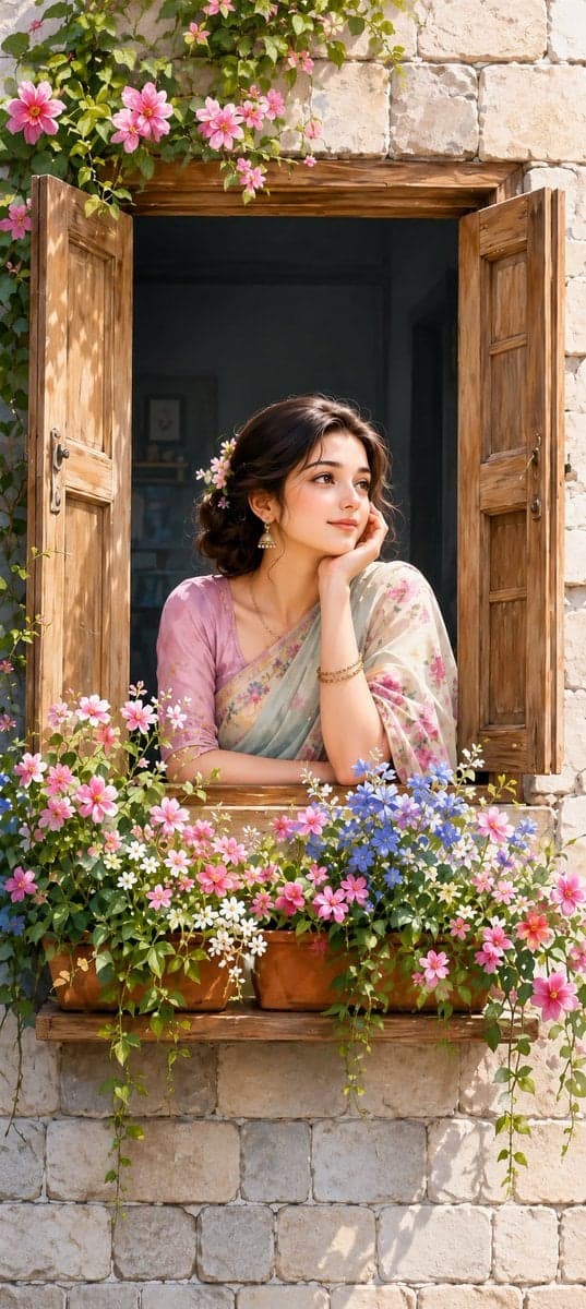 A beautiful young South Asian woman leaning on a rustic wood