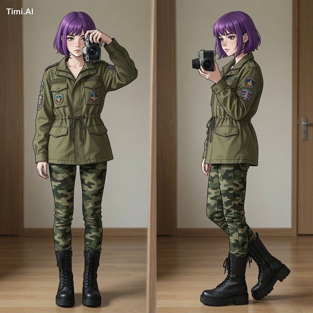 A side-by-side mirror selfie portrait in a minimalistic ani