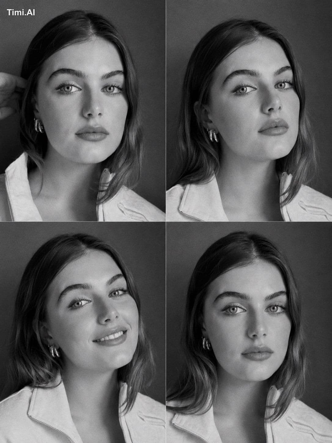 Black-and-white fashion casting contact sheet of [HUMAN] wit
