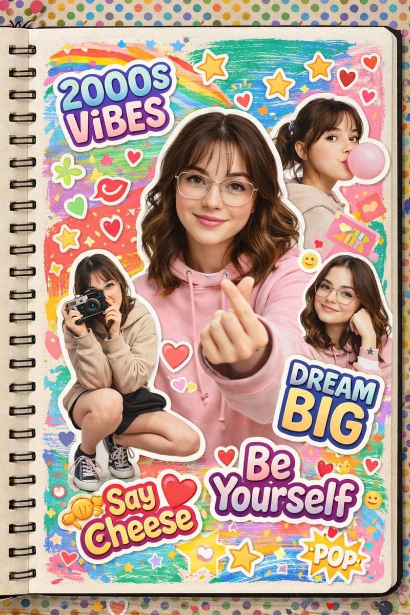 A vibrant 2000s scrapbook-style collage featuring the same y